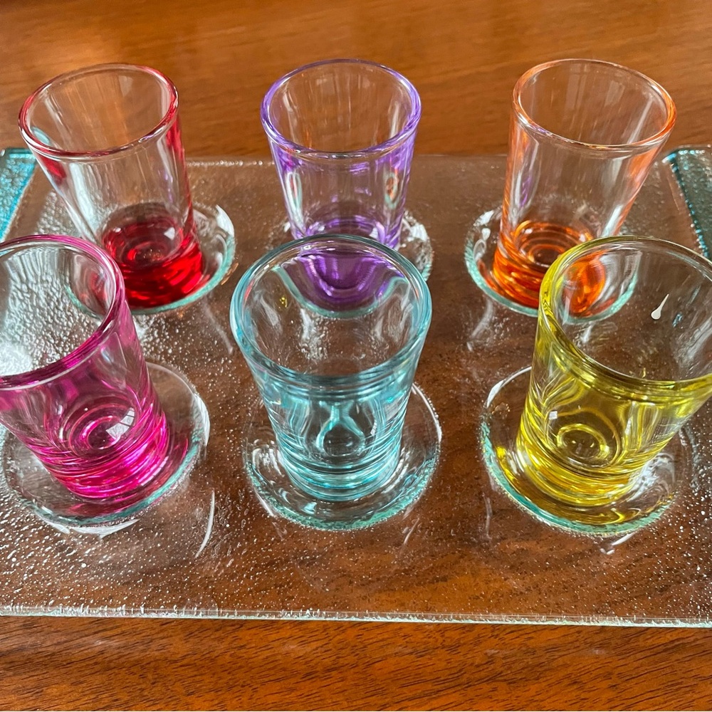 Vintage 7-Piece Colorful Shot Glass Set with Tray